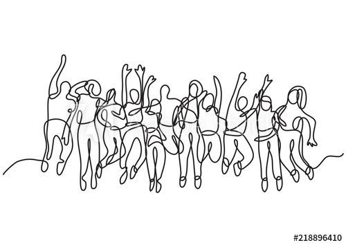 500x354 continuous line drawing of large group of jumping people - Group Of People Drawing