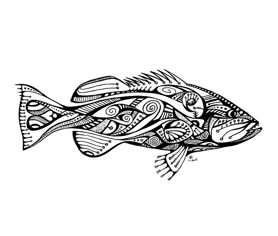 550x467 Black White Zentangle Grouper Posters - Grouper Drawing