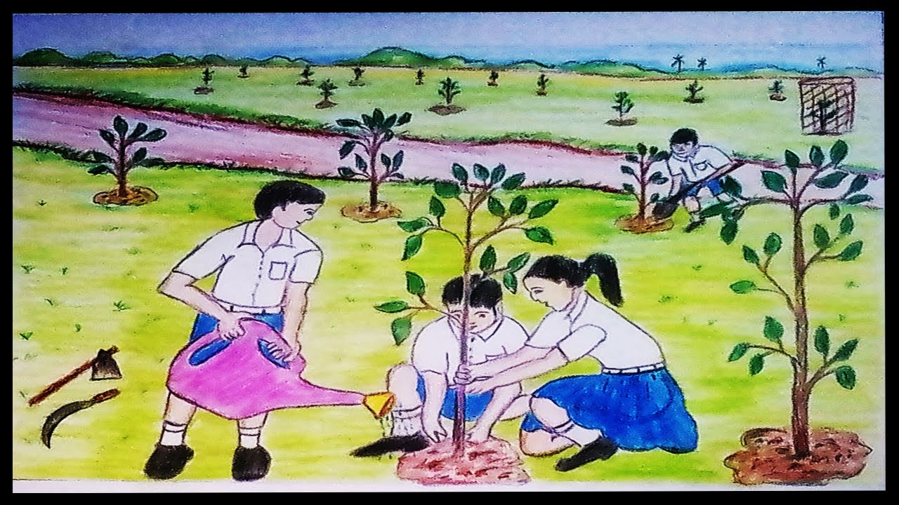 1280x720 How To Draw A Scenery Of Tree Plantation Vjb Drawing Place - Growing Plant Drawing