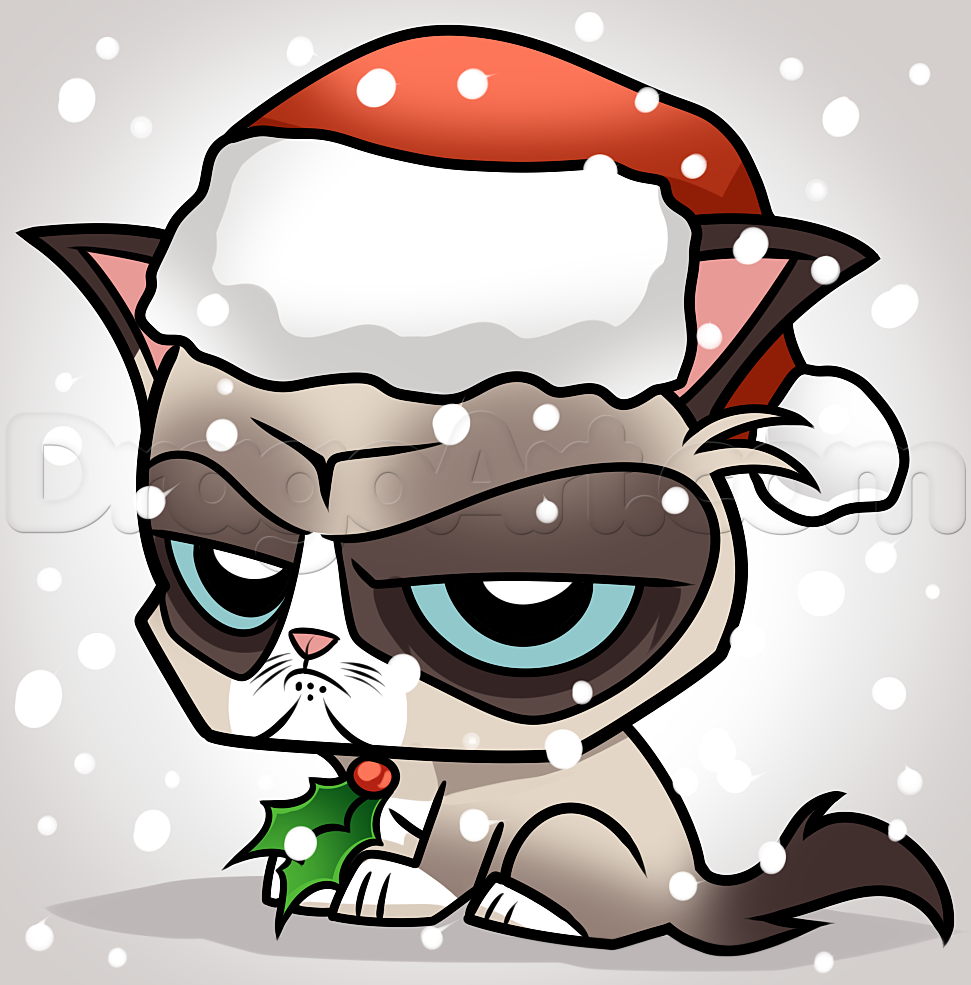 971x985 how to draw christmas grumpy cat, step - Grumpy Cat Cartoon Drawing