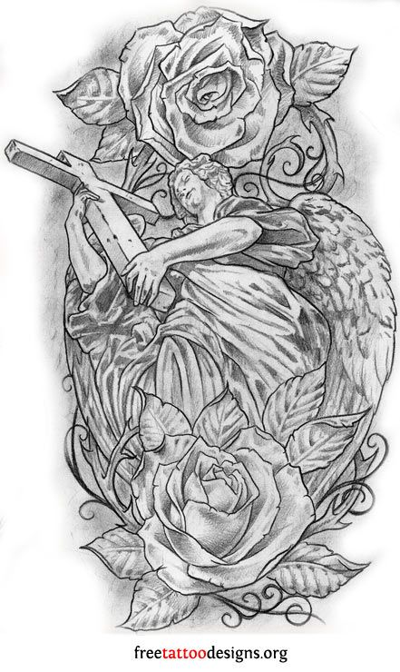 441x740 angel, cross and roses tattoos guardian angel tattoo, angel - Guardian Angel Tattoo Drawing