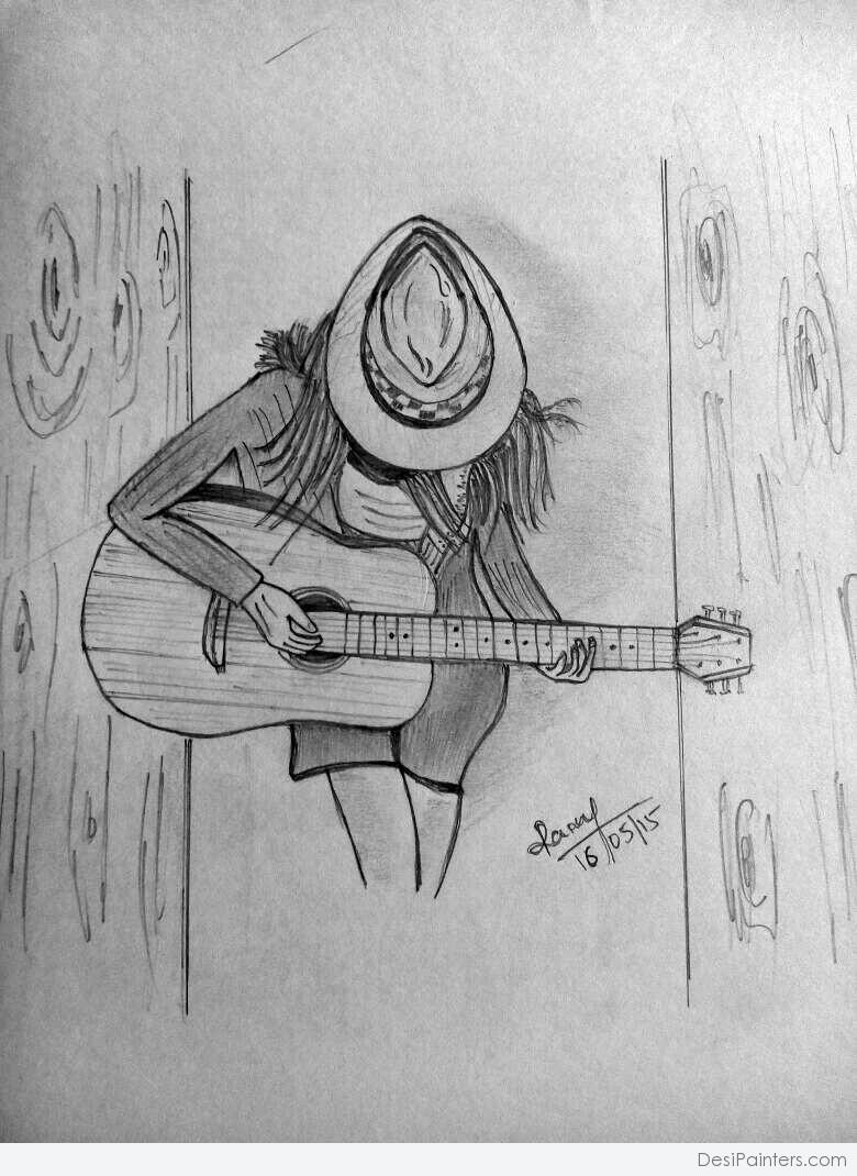 780x1070 Pencil Sketch Of Girl With Guitar - Guitar Drawing In Pencil