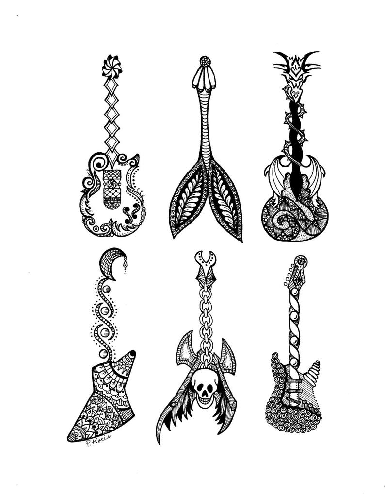 794x1029 Electric Guitars Zentangle Art Drawings Pen And Ink Black Etsy - Guitar Drawings Art