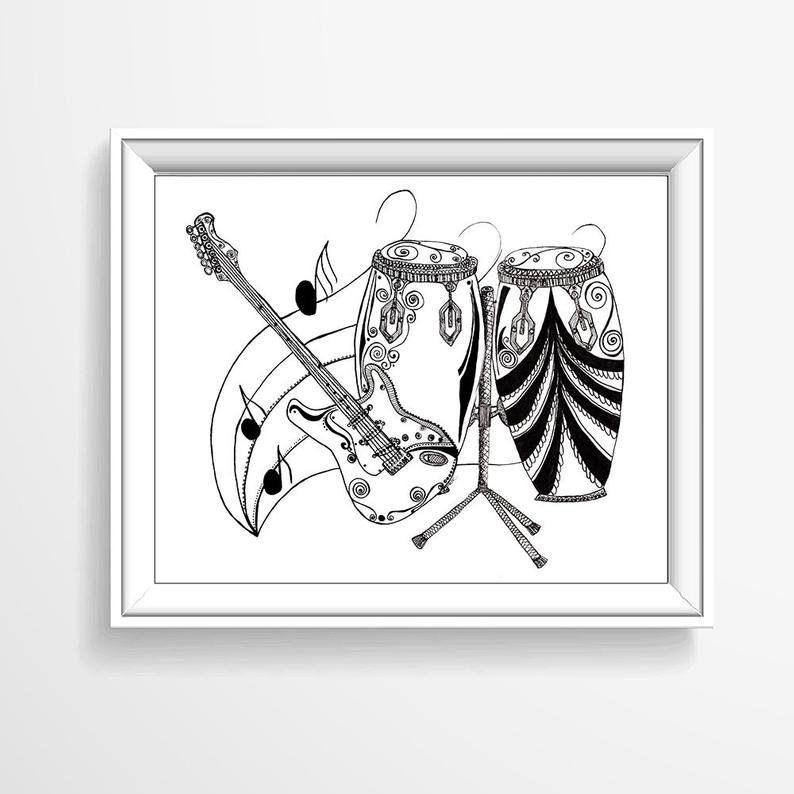 794x794 Music Lover's Print Musical Instruments Drawing Electric Etsy - Guitar Line Drawing