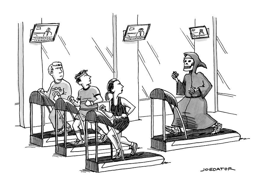 900x624 at a gym, death runs on a treadmill behind three drawing - Gym Drawing