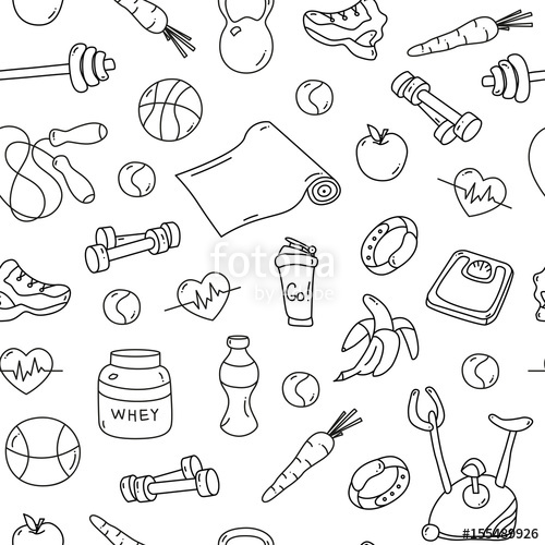 500x500 Seamless Pattern With Isolated Fitness Doodles Hand Drawn - Gym Equipment Drawing