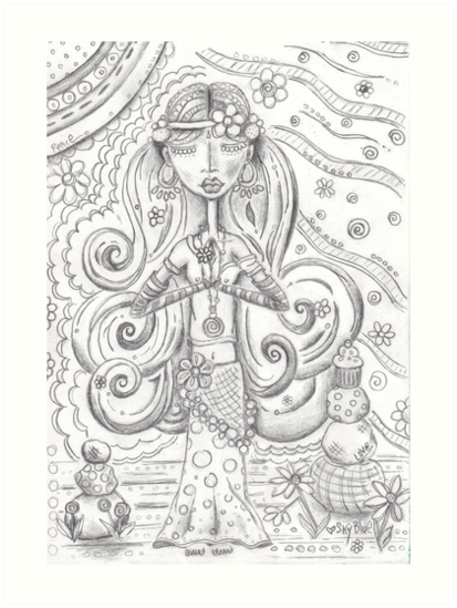 413x549 yoga gypsy sketch whimsical folk art girl in namaste pose art - Gypsy Drawing