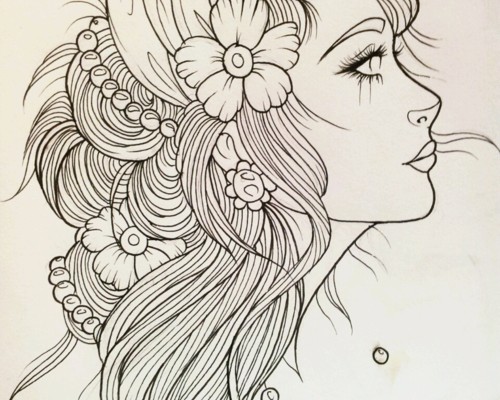 500x400 outline flowers and gypsy girl tattoo design - Gypsy Girl Drawing
