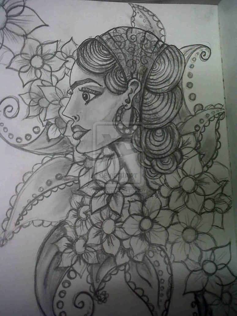 774x1032 gypsy tattoo head n flowers tattoo drawing - Gypsy Head Drawing