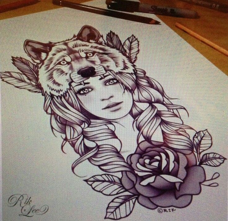 736x715 rose with wolf head gypsy girl tattoo design - Gypsy Head Drawing