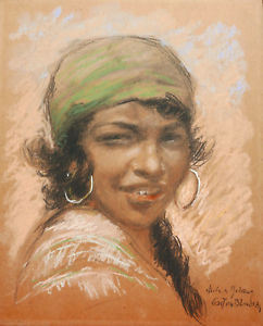 242x300 Gaston Blondeau French Drawing Pastel Portrait Young Gypsy Woman - Gypsy Woman Drawing