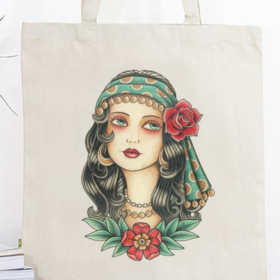570x570 old school tattoo tote bag gypsy woman cotton tote bag etsy - Gypsy Woman Drawing
