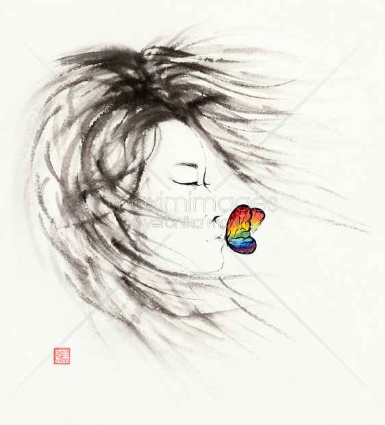 562x620 Illustration Of Beautiful Asian Woman With Wild Wind Blown Hair - Hair Blowing In The Wind Drawing