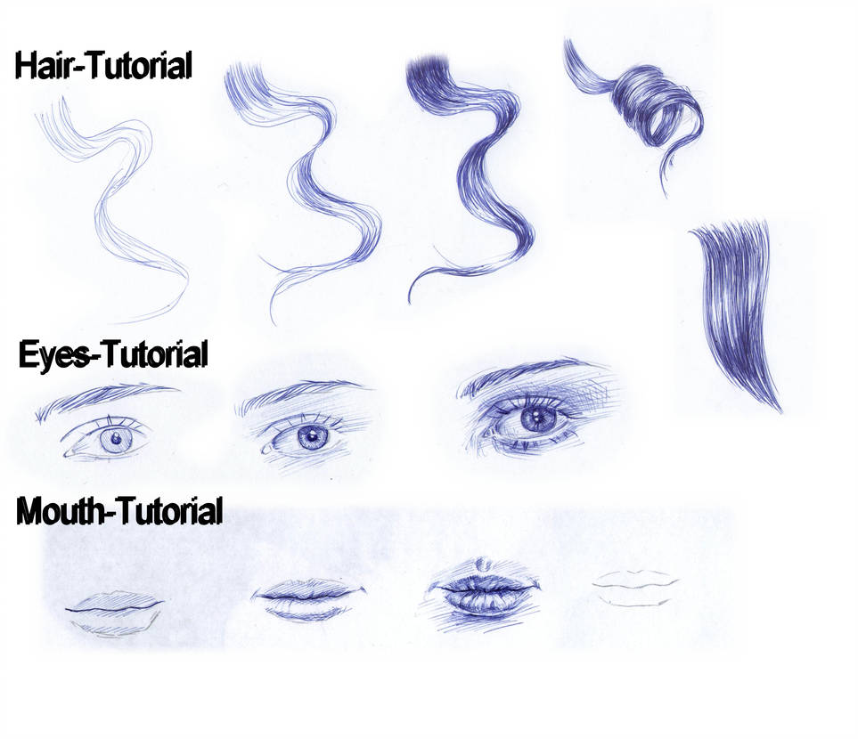 963x830 Tutorial Ballpoint Pen Eyes, Mouth, Curly Hair - Hair Pen Drawing