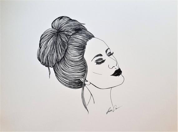 570x424 Beauty Hair Pen Drawing High Bun Portrait Fashion Etsy - Hair Pen Drawing