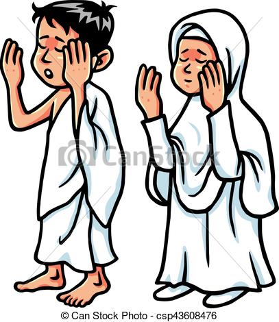 407x470 Boy And Girl Hajj Praying Vector Illustration Clipart - Hajj Drawing