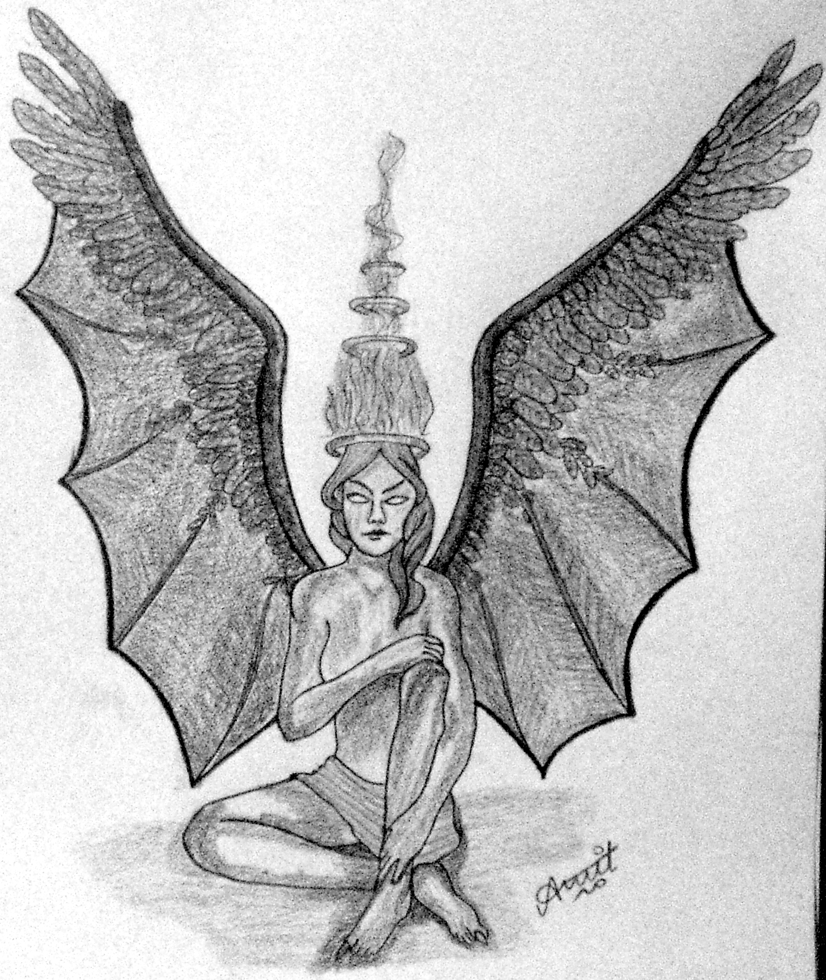 Angel Black On White - Half Angel Half Demon Drawing. 