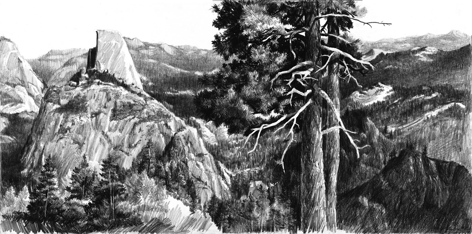 1600x793 Half Dome Pencil Sketch And Juan Pena Watercolor Yosemite - Half Dome Drawing