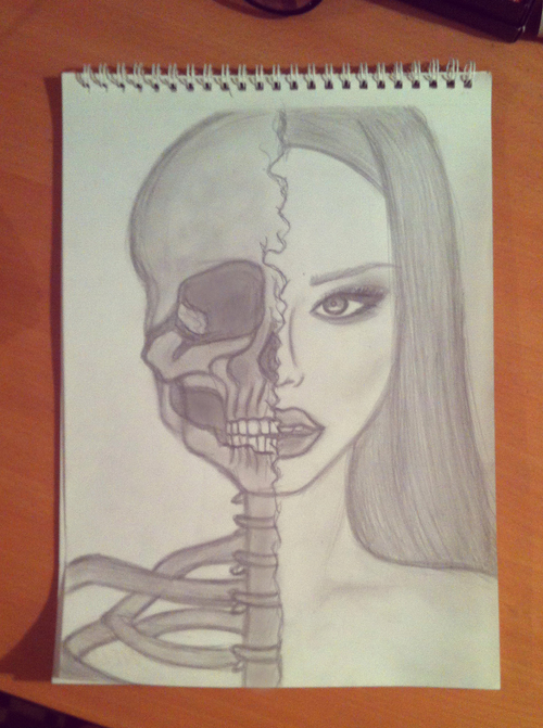 500x671 Half Girl Half Skeleton - Half Drawing