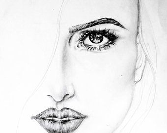 340x270 Half Face Girl Art Etsy - Half Face Drawing
