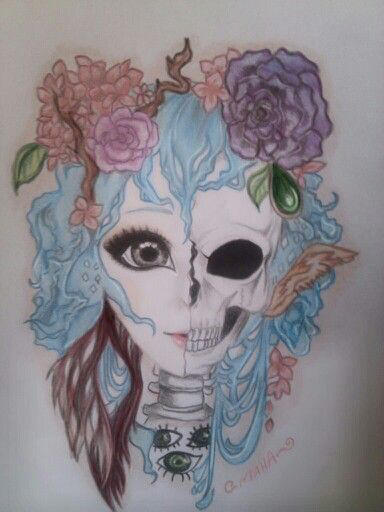 384x512 Half Girl Skull Drawing - Half Girl Half Skull Drawing