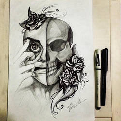 250x250 Half Skull Girl And Flowers Drawing - Half Girl Half Skull Drawing