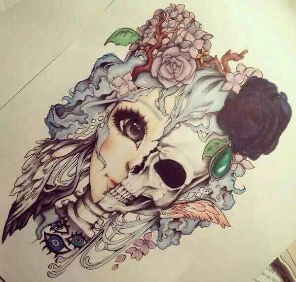 600x572 Half Girl Half Skeleton I Love This Feminine Yet Gory Peice - Half Girl Half Skull Drawing