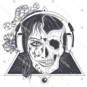 300x300 Woman Headphones Half Face Skull Vector Soidergi - Half Girl Half Skull Drawing