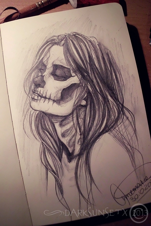 500x749 Happy Halloween - Half Girl Half Skull Drawing