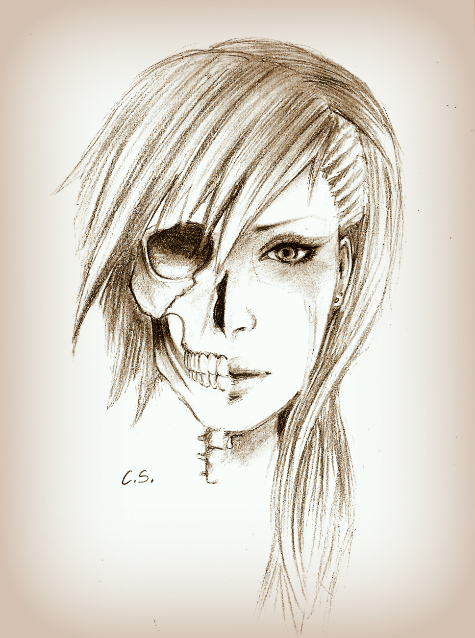 969x1302 Inner Tare Orist - Half Girl Half Skull Drawing