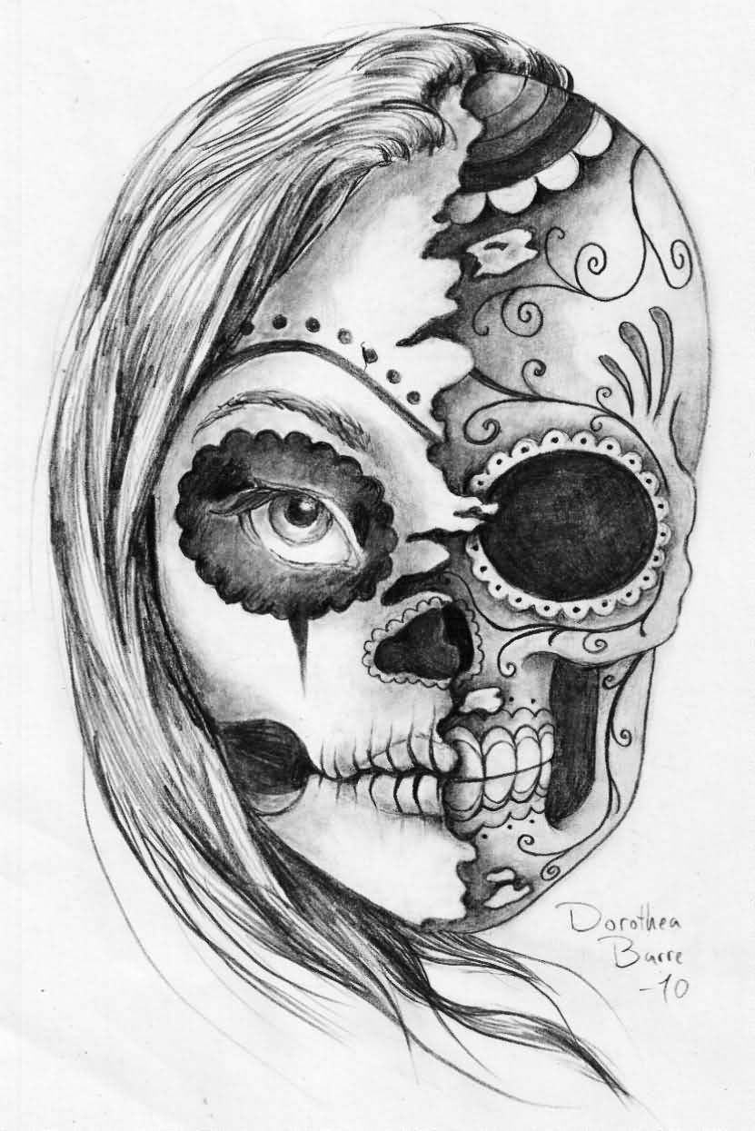 831x1245 Black And White Half Lady Half Sugar Skull Head Evil Tattoo Design - Half Girl Half Skull Drawing