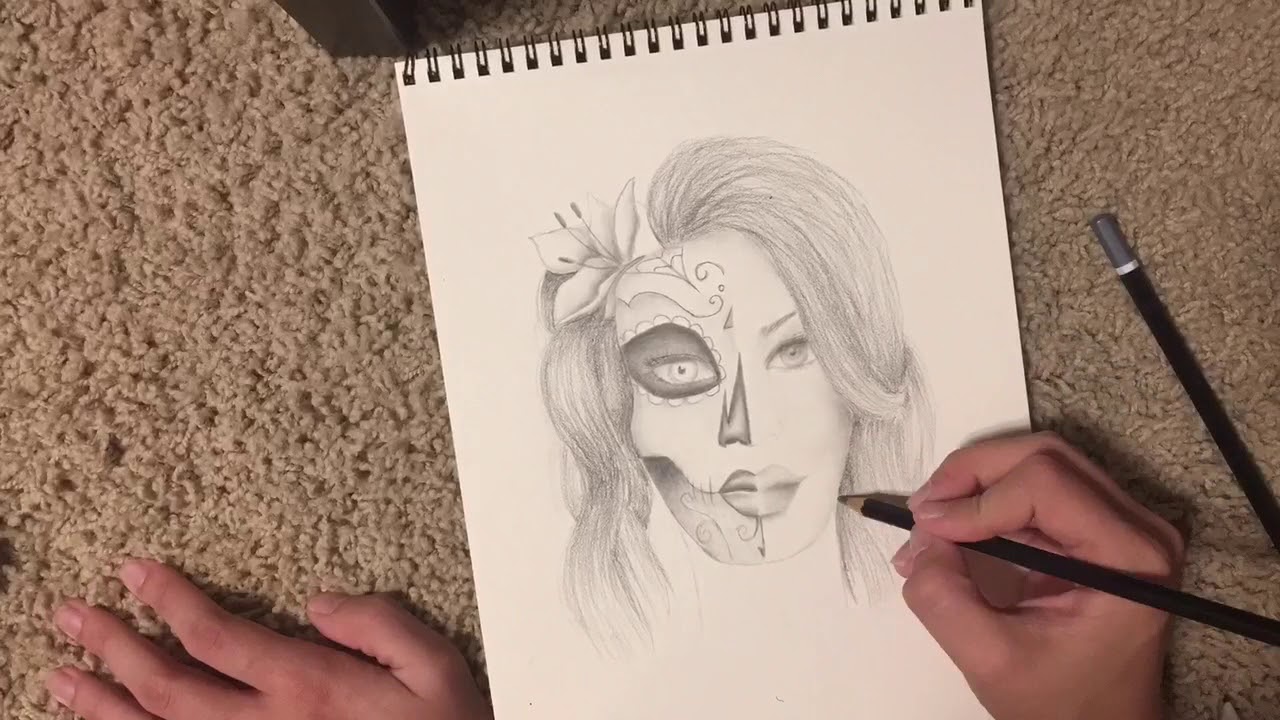 1280x720 Drawing A Half Sugar Skull Girl Time Lapse Bea Bigles - Half Girl Half Skull Drawing