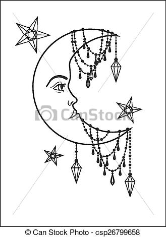 329x470 Halfmoon With Human Face And Stars - Half Moon Drawing