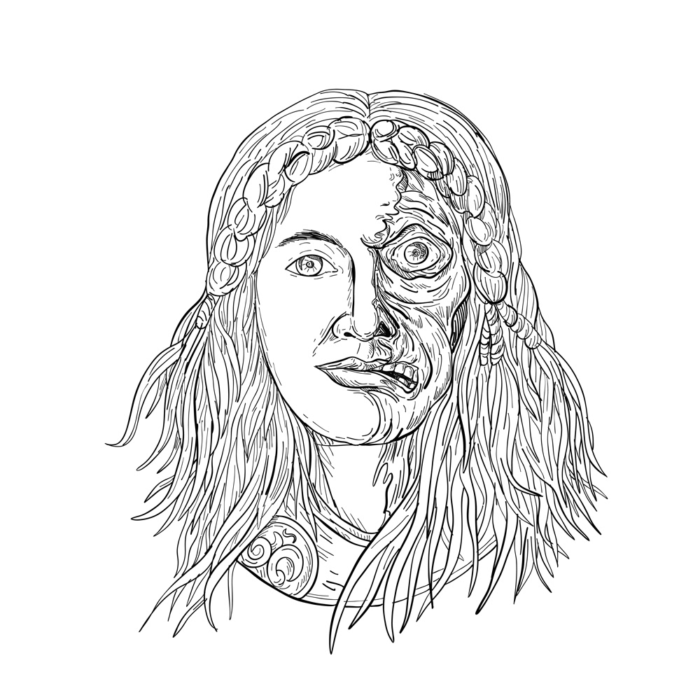 1000x1000 Norse Goddess Hel Face Front Drawing Black And White On Behance - Half Skeleton Face Drawing