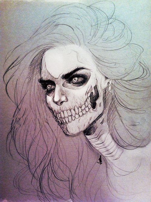 500x669 Skeleton Girl Drawing With Watercolour Hair Art Art, Drawings - Half Skeleton Face Drawing