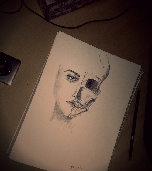 500x564 Half Woman, Half Skull Drawing On We Heart It - Half Skull Drawing