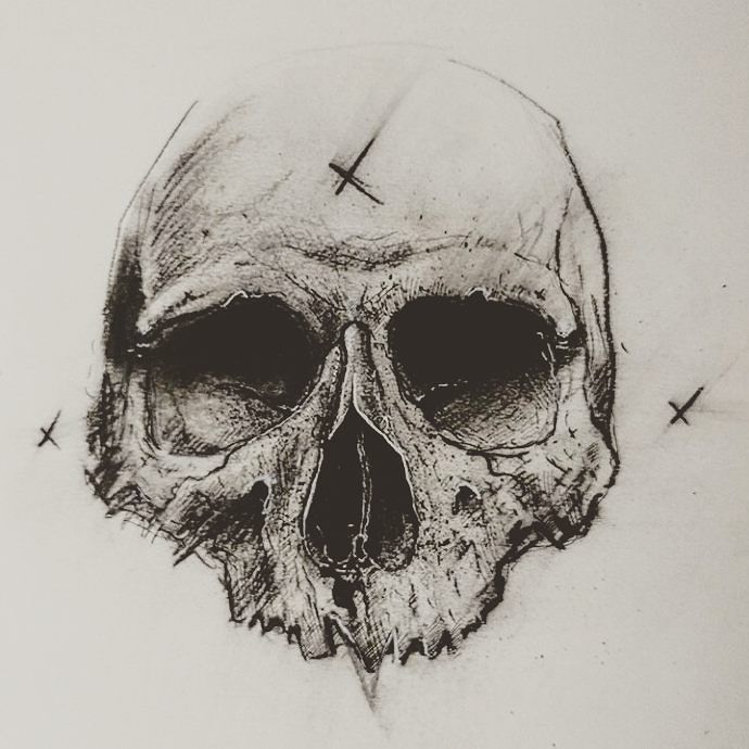 690x690 Charcoal And Dippen Skull - Half Skull Drawing