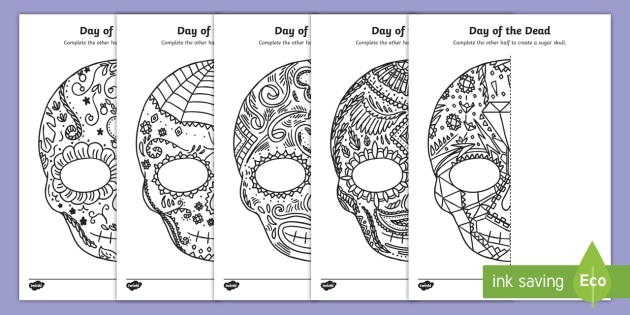 630x315 Day Of The Dead Sugar Skull Draw The Other Half Worksheet - Half Skull Drawing