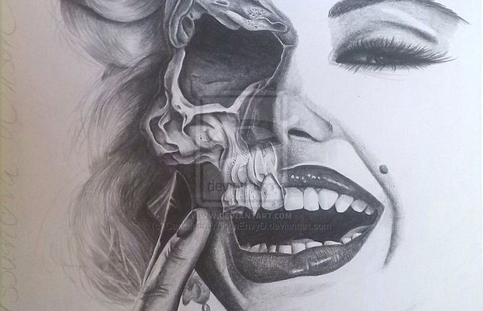 701x451 Hipster Single Bedroom Marilyn Monroe Half Skull Drawing At Sugar - Half Skull Face Drawing