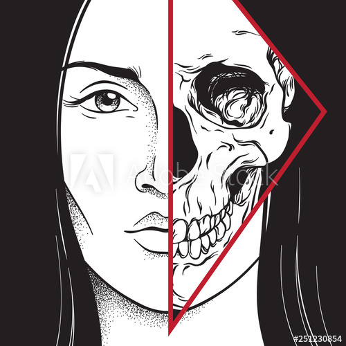 500x500 Beautiful Brunette With Half Skull Face Hand Drawn Black And White - Half Skull Face Drawing