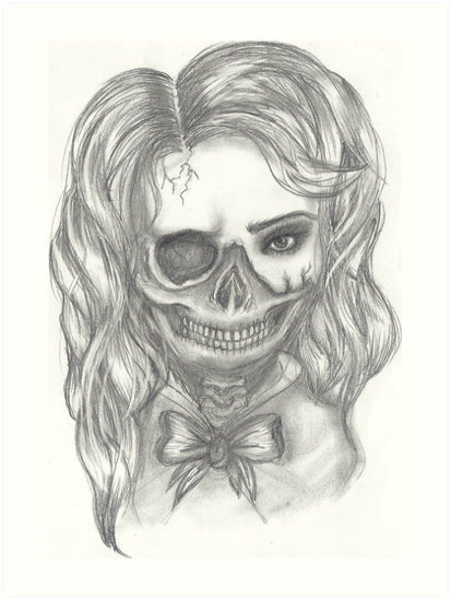 413x549 Half Skull Half Girl Art Prints - Half Skull Half Face Drawing