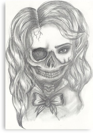 386x550 Half Skull Half Girl Metal Prints - Half Skull Half Face Drawing