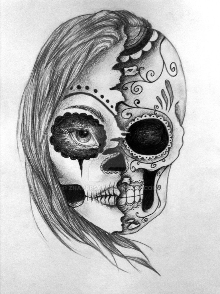 Half Skull Half Face Drawing at PaintingValley.com | Explore collection ...