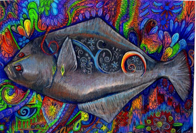 794x540 Original Art Drawing Halibut Colorful Puffin Zentangle Etsy - Halibut Drawing