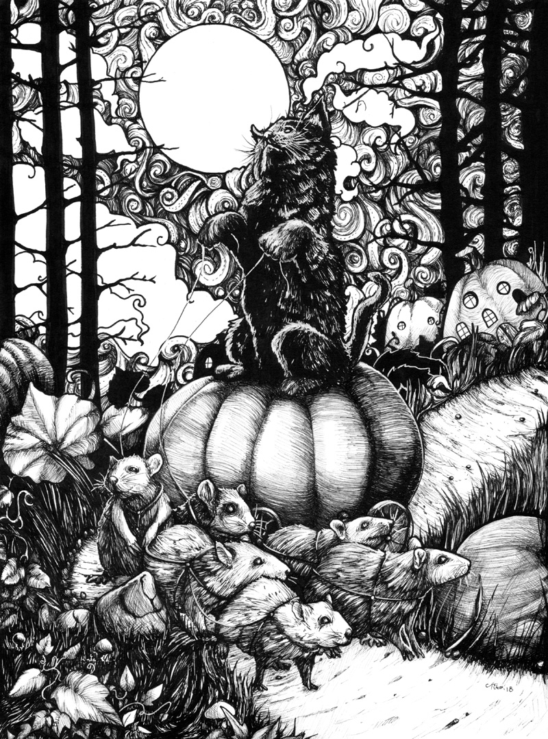 800x1078 Original Ink Drawing Fantasy Halloween Cat Pumpkin Mice Mouse Moon - Halloween Cat Drawing