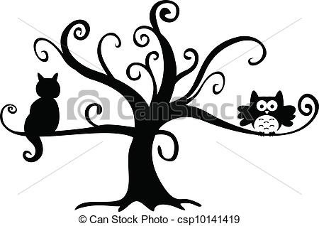 450x318 halloween night owl and cat in tree scalable vectorial image - Halloween Line Drawings
