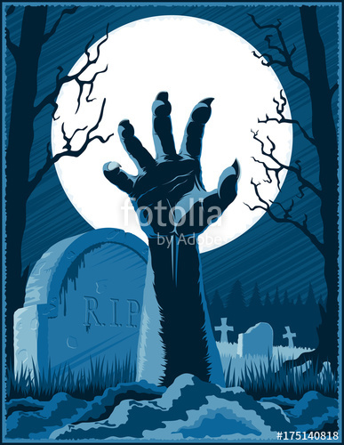 387x500 hand of zombie corpse with claws raised up from grave - Halloween Moon Drawing