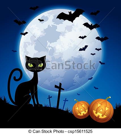 427x470 Creepy Halloween Scene With Full Moon, Black Cat, Bats And Carved - Halloween Moon Drawing
