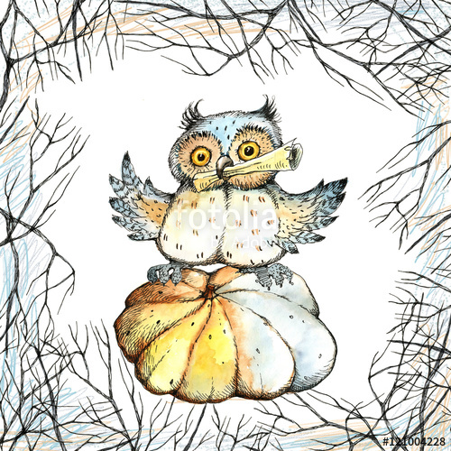 500x500 Halloween, A Set Of Drawings, Crow, Owl, Pumpkin, Candy, Tree - Halloween Owl Drawing