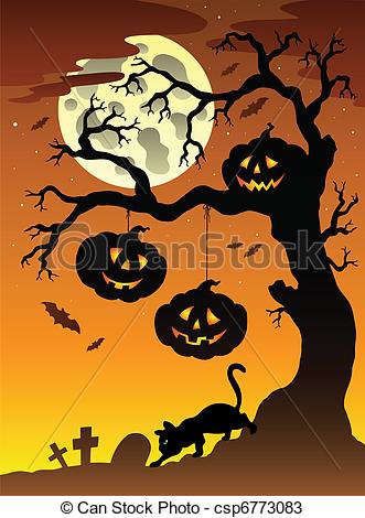 331x470 Scene With Halloween Tree - Halloween Tree Drawing
